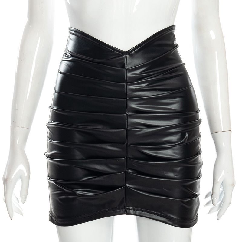 Solid Color Pleated PU Leather Mini Skirt GPBY 2113
