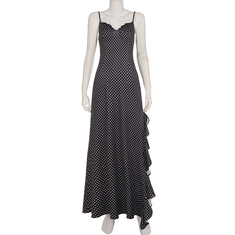 Polka Dot Print Lace Patchwork Sling Maxi Dress GPKJ MR51282