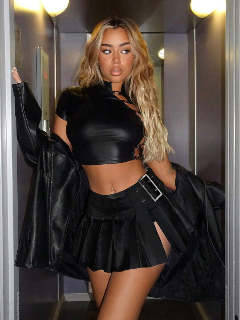 Fashion Pleates PU Leather Mini Skirts ANDF 2434