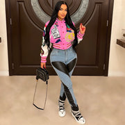 Fashion Print Long Sleeve Rib Patchwork Baseball Jacket YNSF 2618
