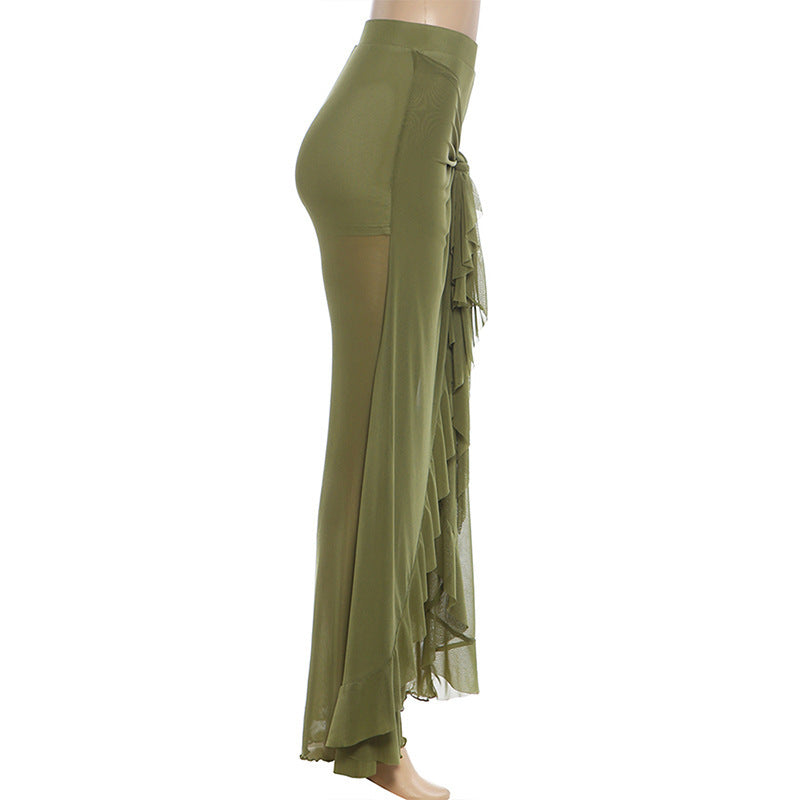 Mesh Patchwork Solid Color Ruffles Pants GYME K6P16088A