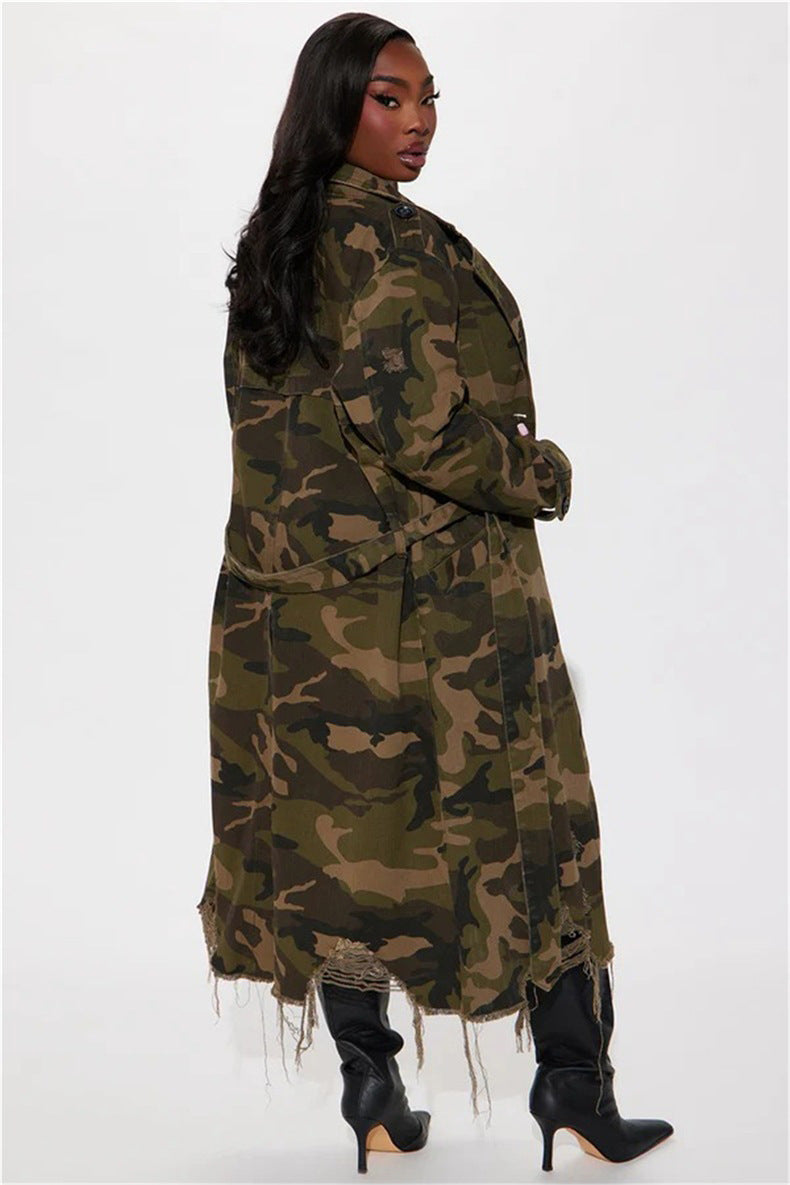 Camouflage Print Holes Long Trench Coat SH 391323