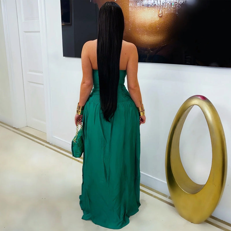 Halterneck Hollow Out Satin Split Maxi Dress BY 7762