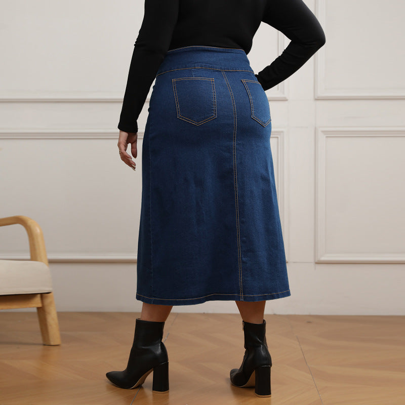 Plus Size Button Fake Pocket Denim Skirt GDAM 048