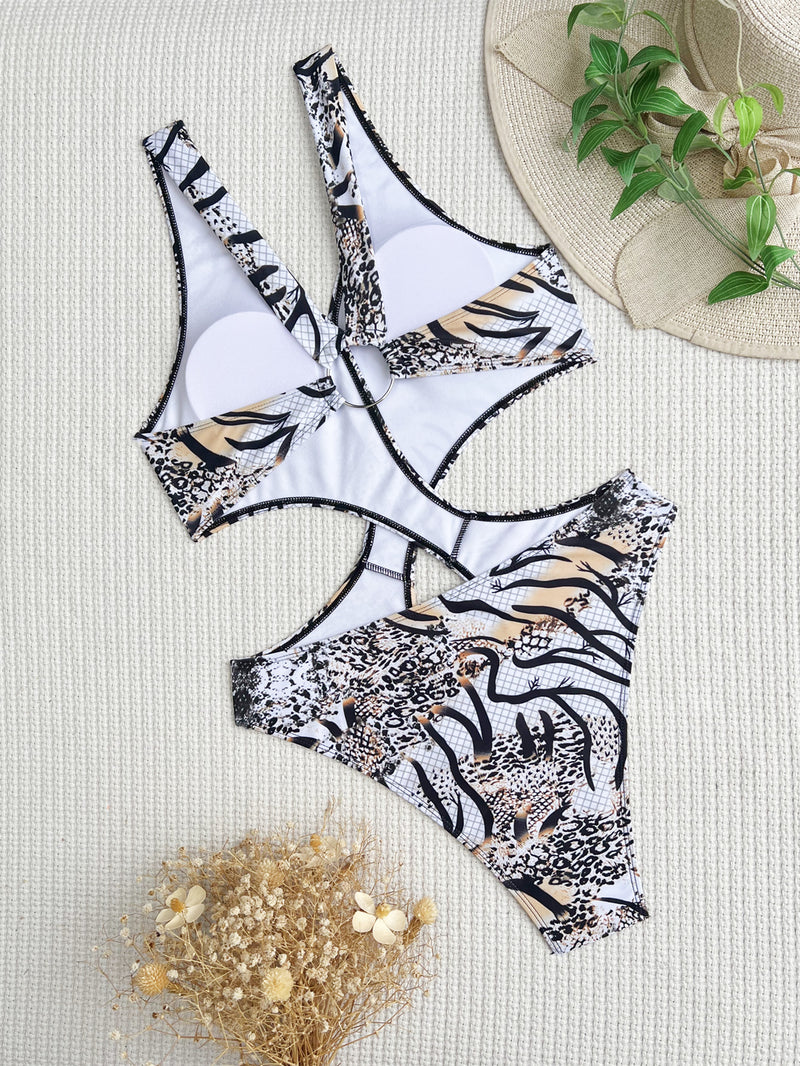 Sexy Print Cross Hollow One Piece Swimsuit CASF 6502