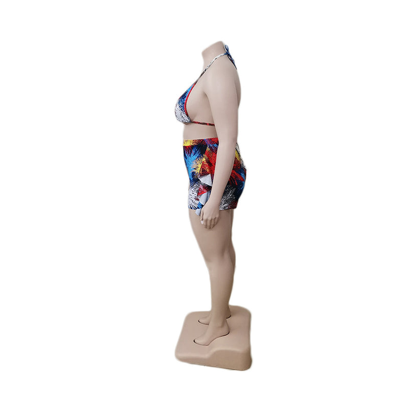 Plus Size Print Tie Up Backless Two Piece Shorts Set QYXZ 9942