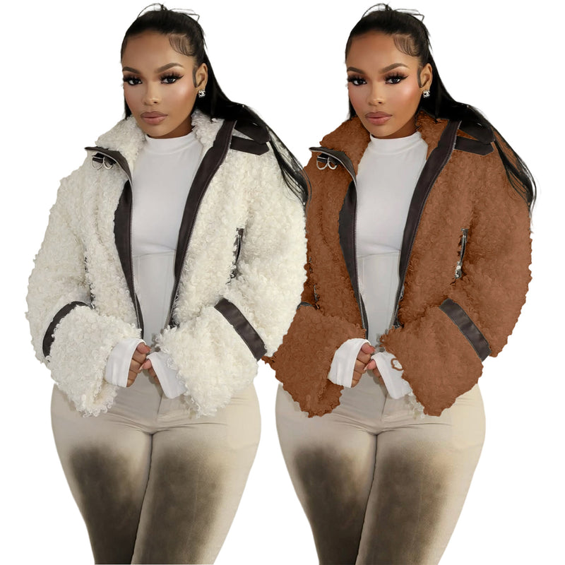 Faux Fur Collar Patchwork Leather Jacket with Lining YMEF 58015