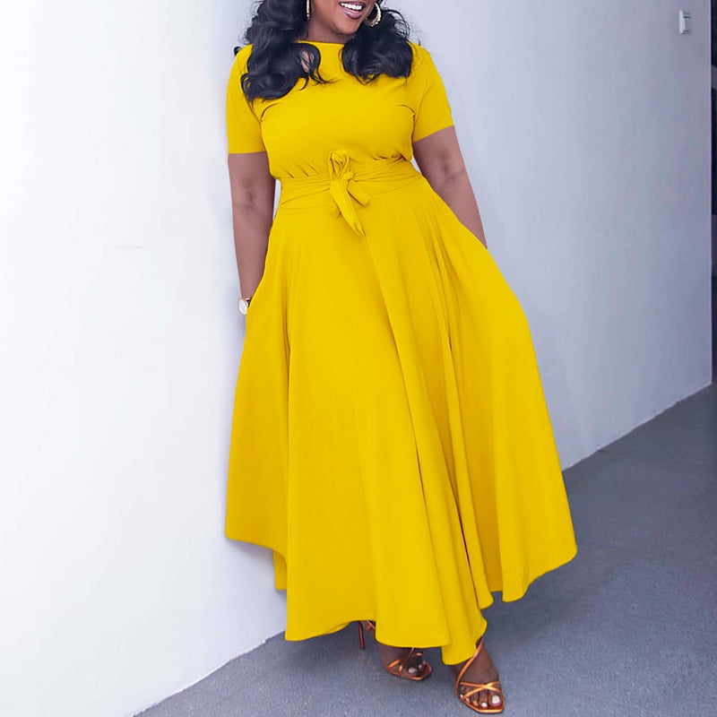 Plus Size Solid Color Tie Up Midi Dress GATE 3184