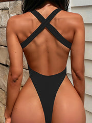 Solid Color Bandage Halter One Piece Swimsuit CASF 6683