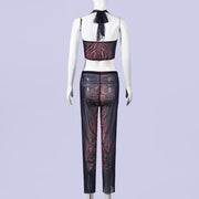 See Through Mesh Tie Up Two Piece Pants Set GNZD 11828