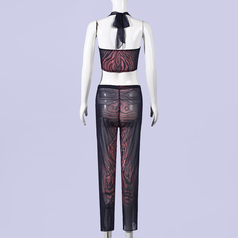 See Through Mesh Tie Up Two Piece Pants Set GNZD 11828