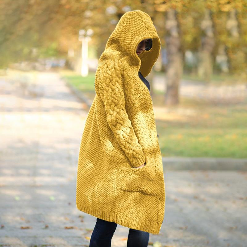 Plus Size Hooded Single Breasted Knit Long Sleeve Coat GBLH 3355