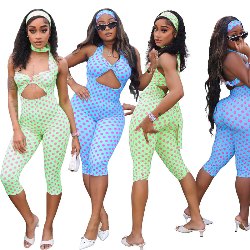 Polka Dots Print Halterneck Backless Romper With Headscarf CM 60322