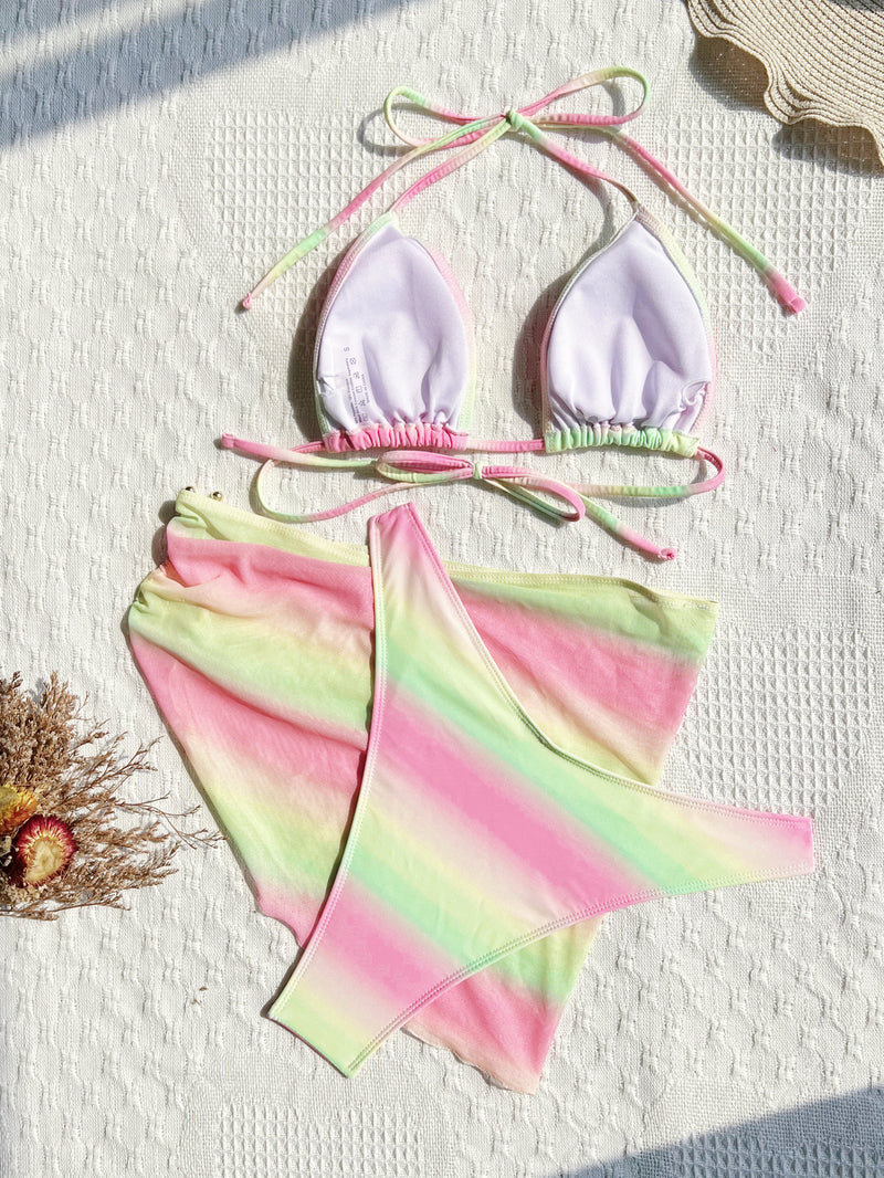 Gradient Color Tie Up Bikinis Swimsuit 3 Piece Set CASF 6771