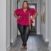 Plus Size Ruffle Sleeve Pleated Pullover Shirt NNWF 7780