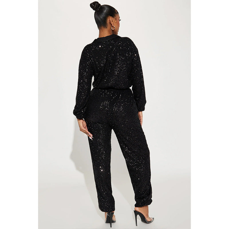 Long Sleeve Zipper Sequin Jumpsuit GYOM 8931
