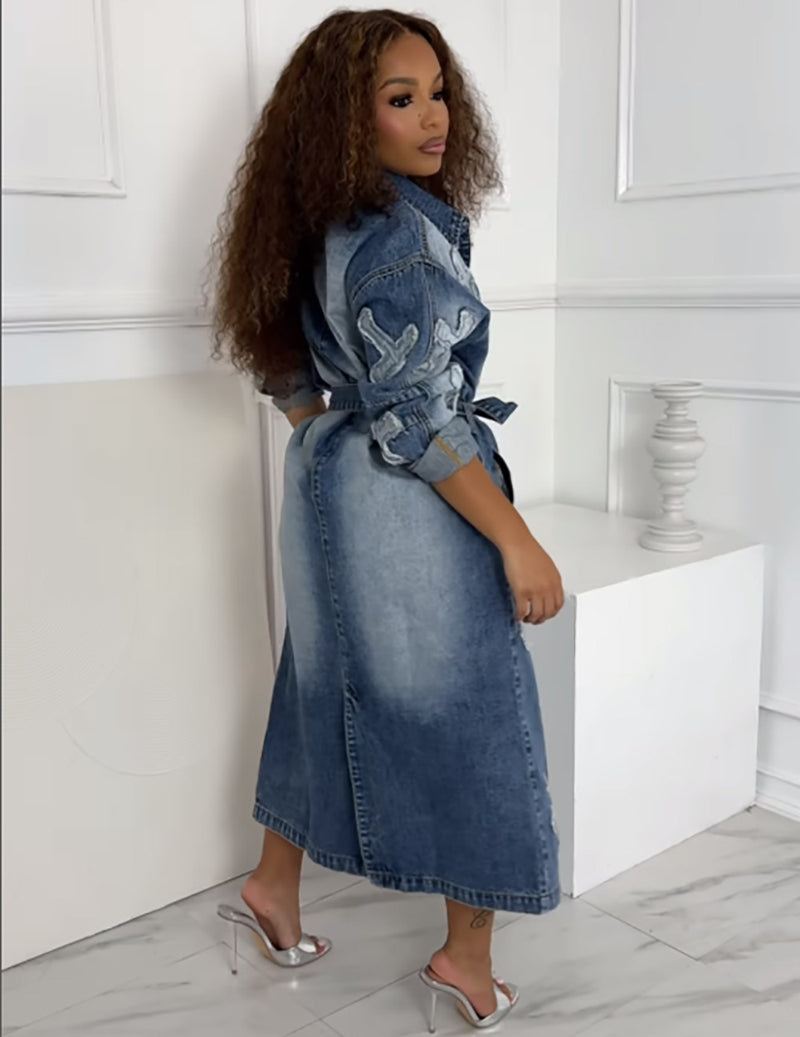 Plus Size Denim Cross Embroidered Long Trench Coat GAKF A41016