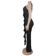 Halterneck V Neck Ruffles Sling Jumpsuit BY 7836