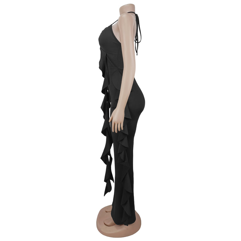Halterneck V Neck Ruffles Sling Jumpsuit BY 7836