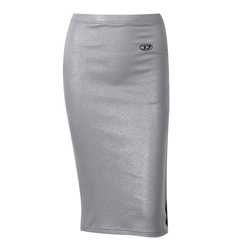 Metallic Color Patchwork Slim Split Skirt FL YL23477MH