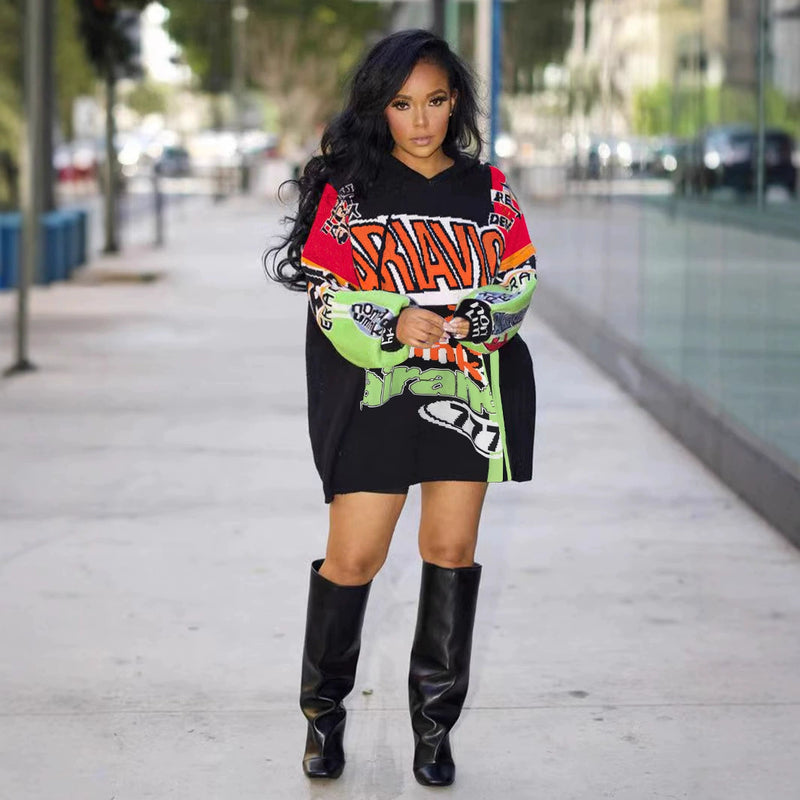 Letter Print Loose Long Sleeve Hoodies QYMF 3068