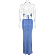 Sexy Tie Up Pleated Crop Tops Two Piece Skirts Set GNZD 9607SD