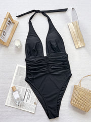 Solid Color Deep V Neck One Piece Swimsuit CSYZ D651Q