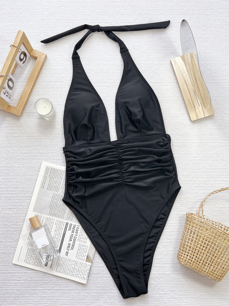 Solid Color Deep V Neck One Piece Swimsuit CSYZ D651Q