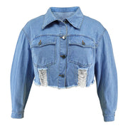 Plus Size Long Sleeve Holes Denim Jackets GDAM 218709