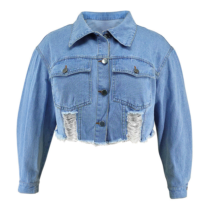 Plus Size Long Sleeve Holes Denim Jackets GDAM 218709