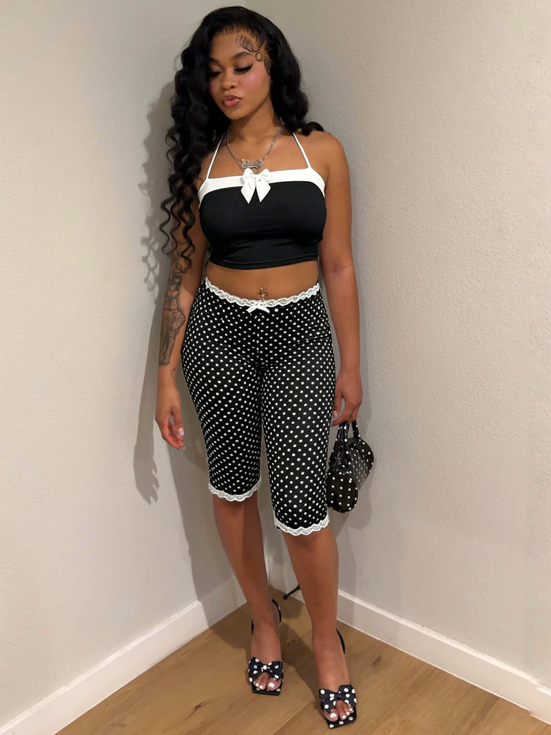 Print Bow Tie Camisole Top Lace Fifth Pants Suit CH 26020