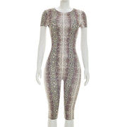 Snake Print Short Sleeve Tight Seventh Jumpsuit GDSF J26JP152