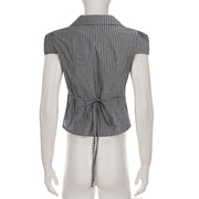 Lace Patchwork V Neck Stripe Shirt GPKJ MR47213