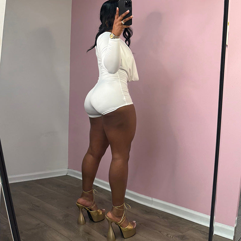 Deep V Neck Solid Color Long Sleeve Romper GZJQ K24Q62136