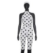 Polka Dots Print Tie Up Backless Seventh Jumpsuit With Hairband GDSF D26JP095