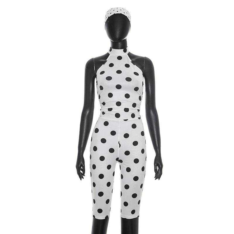 Polka Dots Print Tie Up Backless Seventh Jumpsuit With Hairband GDSF D26JP095