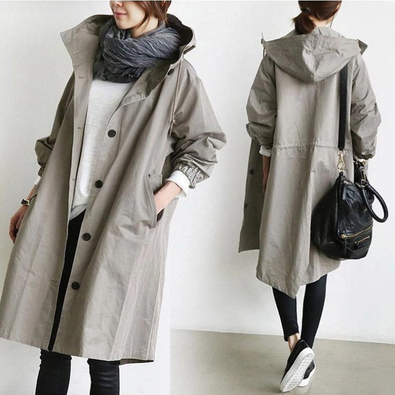 Plus Size Solid Color Long Sleeve Hooded Wind Coat GOFY X2279