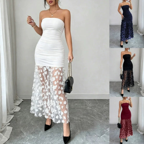 Solid Color Mesh Flower Patchwork Tube Top Dress GSRX 949