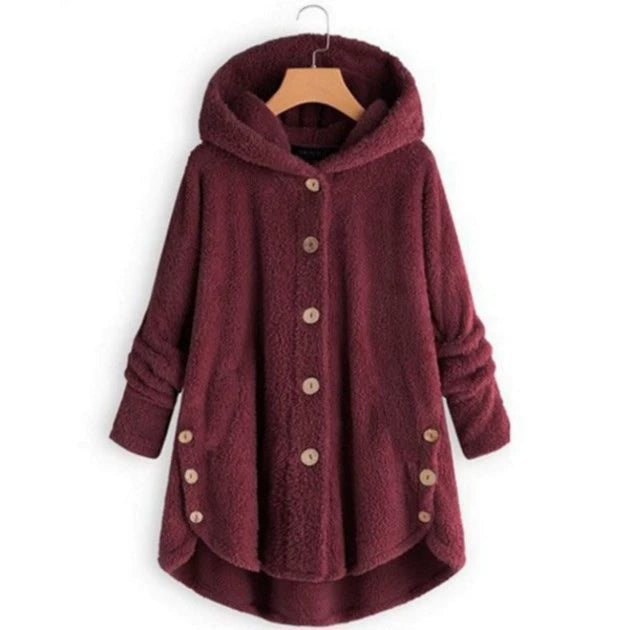 Plus Size Button Up Hooded Plush Solid Color Jacket GXHF 885236