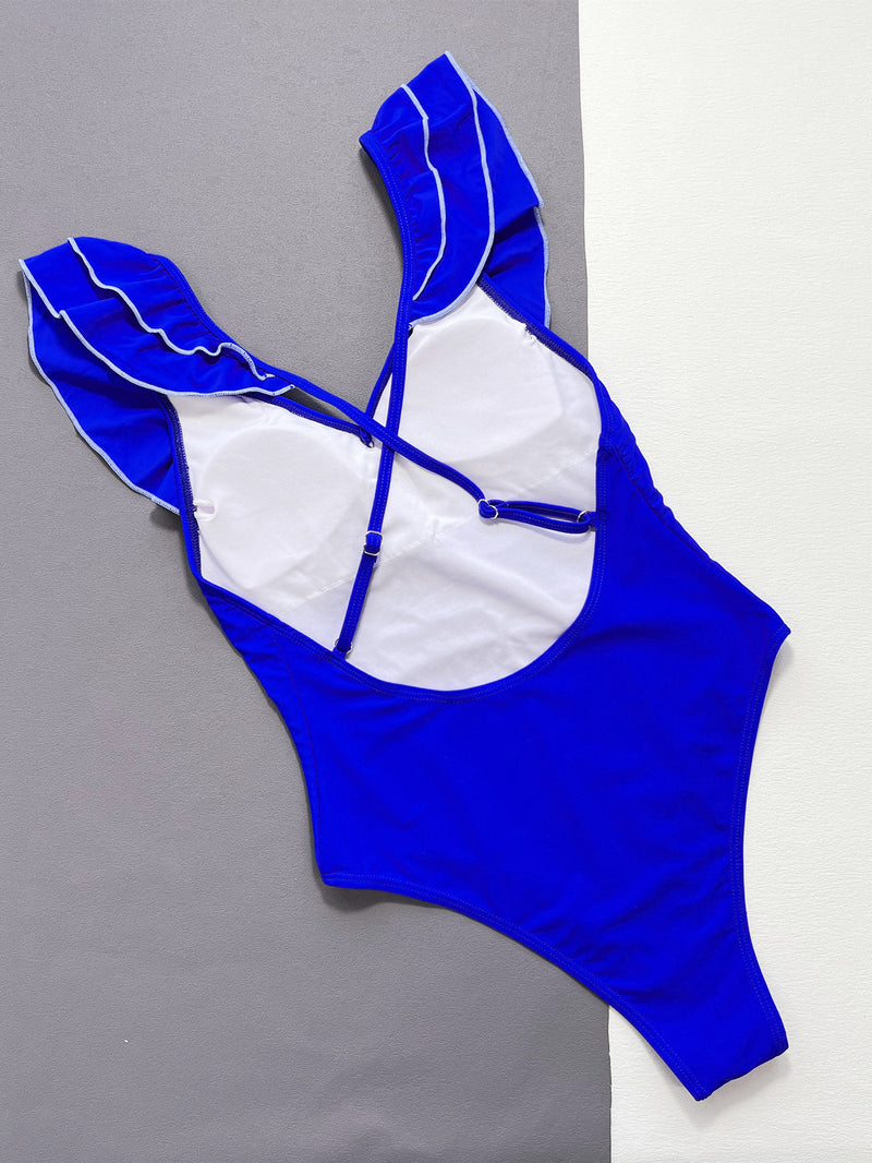 Solid Ruffle V Neck One Piece Swimsuit CSYZ A15H