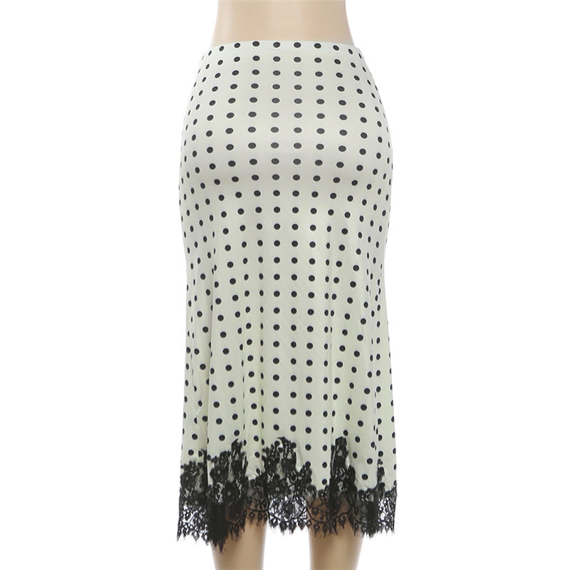 Lace Patchwork Polka Dot Print Long Skirt DLSF K6J03778A