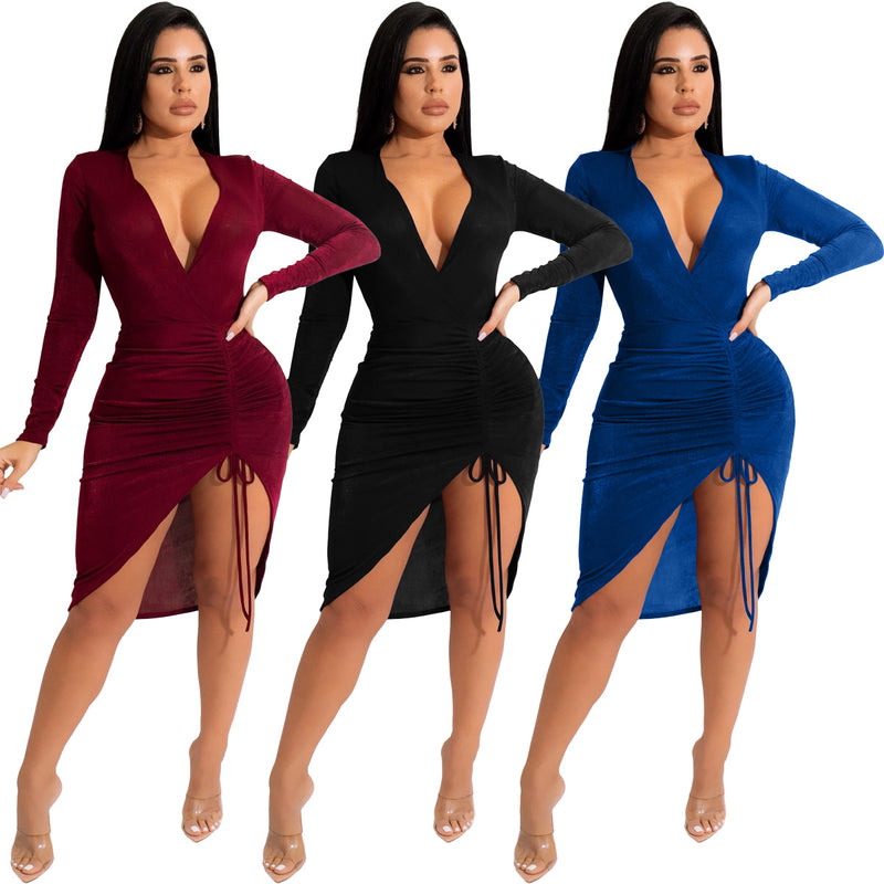 Sexy Velour V Neck Drawstring Bodycon Dress XMY 9342