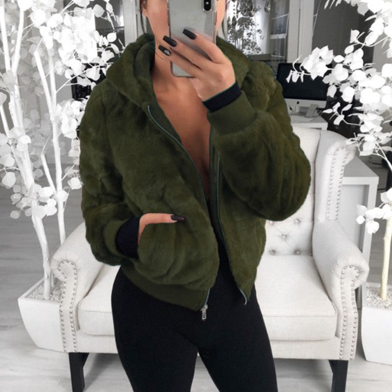 Fashion Solid Color Hooded Loose Plush Jacket GLYY 6001
