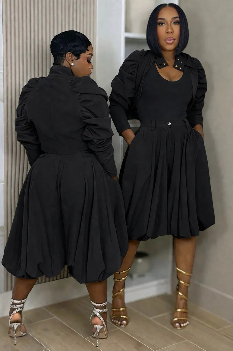 Metallic Zippered Ruffled Bubble Sleeve Coat LSD 3004