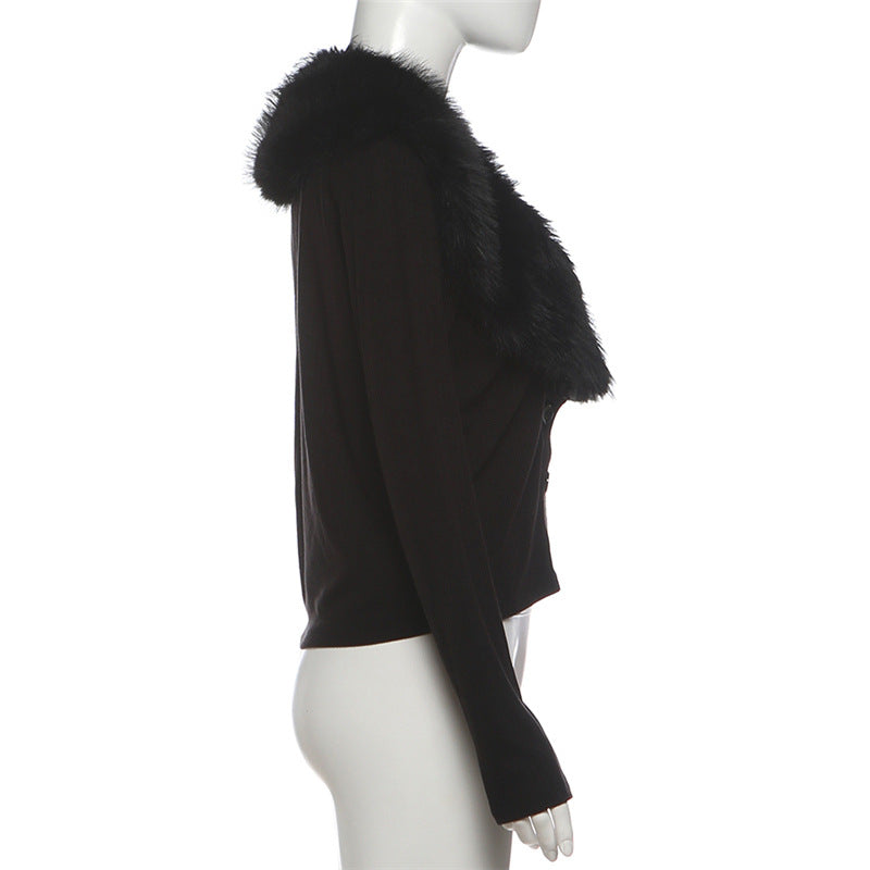 Furzzy Neck Patchwork Solid Color Coat XEF K25C85246