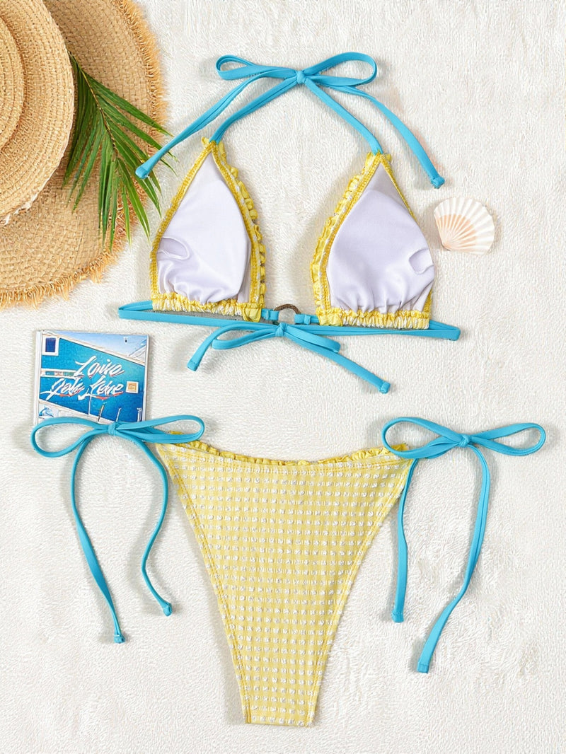Color Block Lace Up Bikini 2 Piece Swimsuit CASF 6845