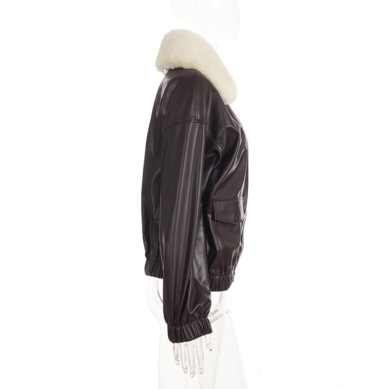 Fur Collar Zipper Leather Jacket GPKJ MR51470