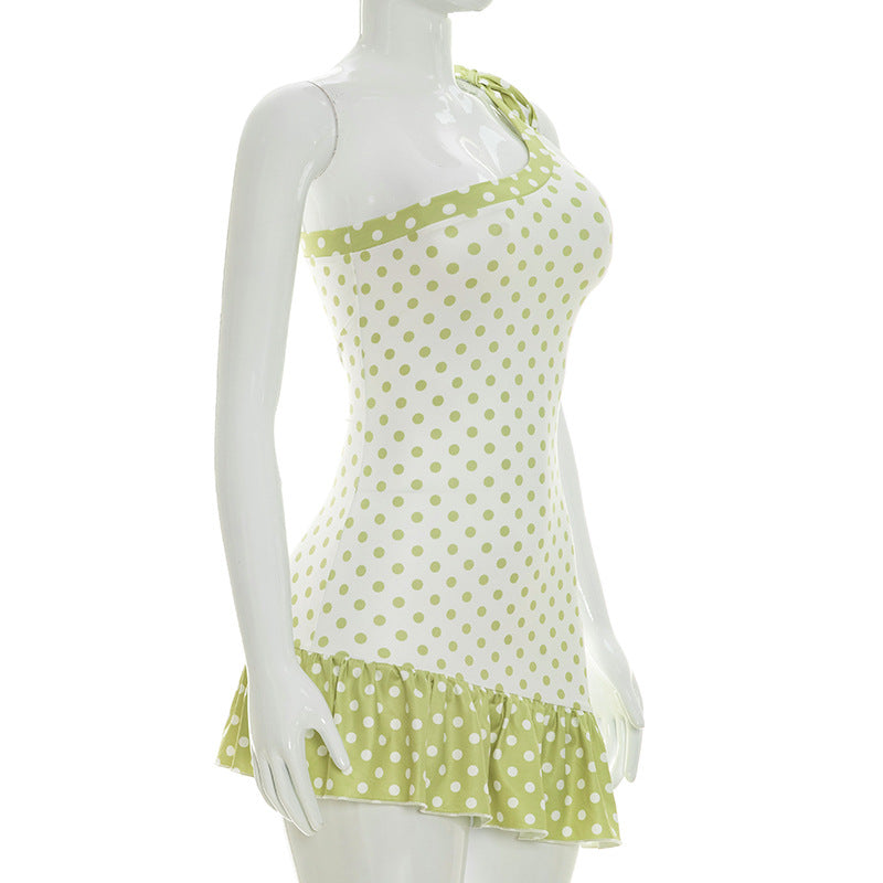 Polka Dots Print Slash Shoulder Mini Dress MXBF J26DS154