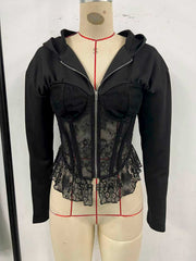 Lace Patchwork Zipper Hooded Coats GOMN 71348