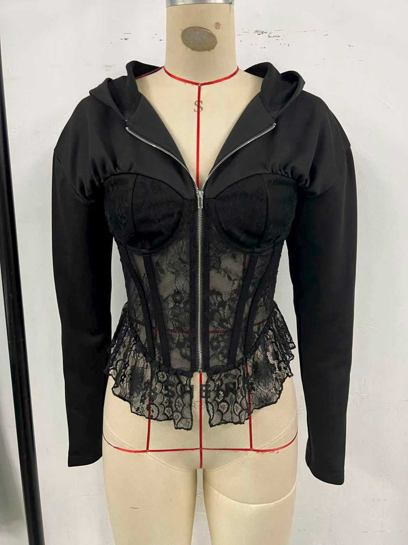Lace Patchwork Zipper Hooded Coats GOMN 71348